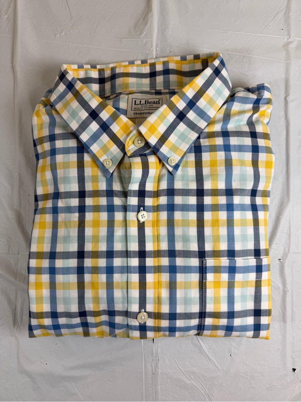 L.L. Bean Men's Yellow, Blue & White Plaid Button-Down Shirt - Picture 1 of 6